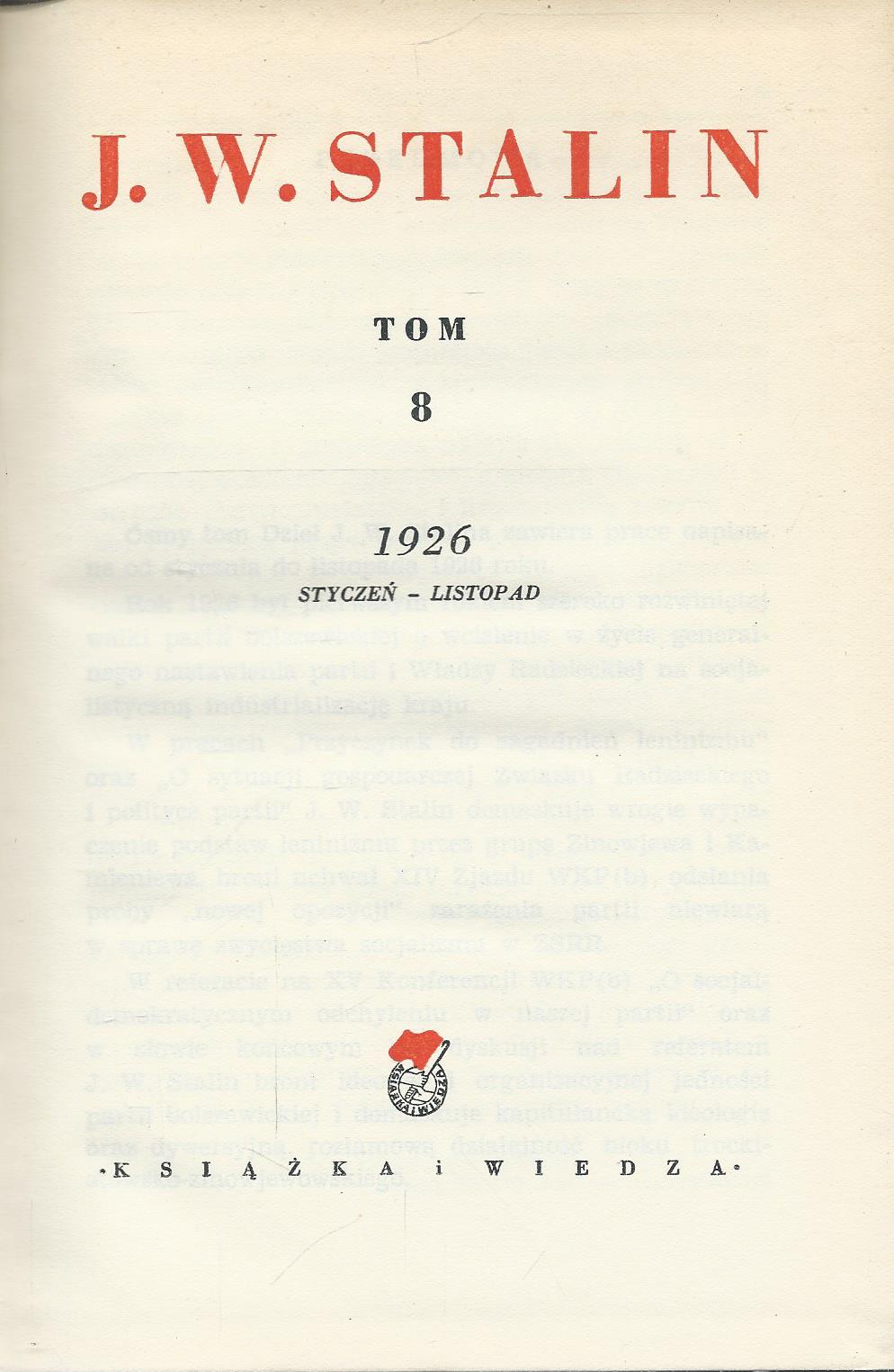 Dzieła (Tom 8: 1926 Styczeń – Listopad)